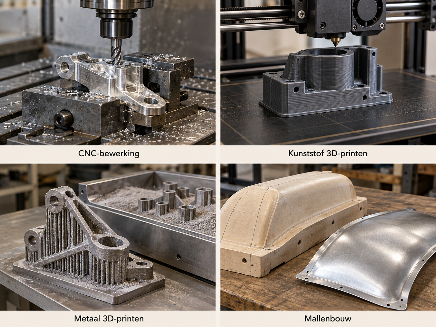 Vier productietechnieken: CNC-bewerking, kunststof 3D-printen, metaal 3D-printen en mallenbouw