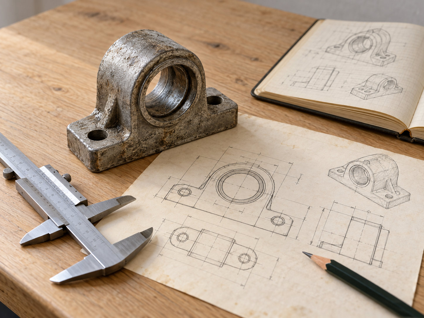 Illustratie van een oud lagerhuis naast een schuifmaat, technische schetsen en een notitieboek