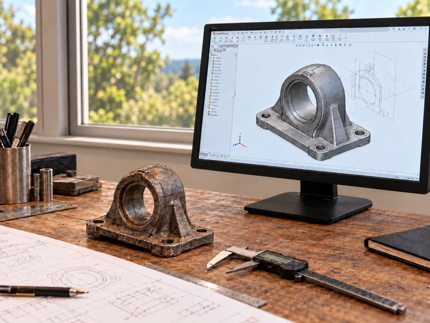 Illustratie van een oud lagerhuis naast het bijbehorende 3D-model in SolidWorks